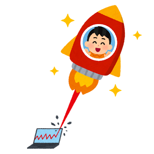 暴騰する株に乗る人のイラスト